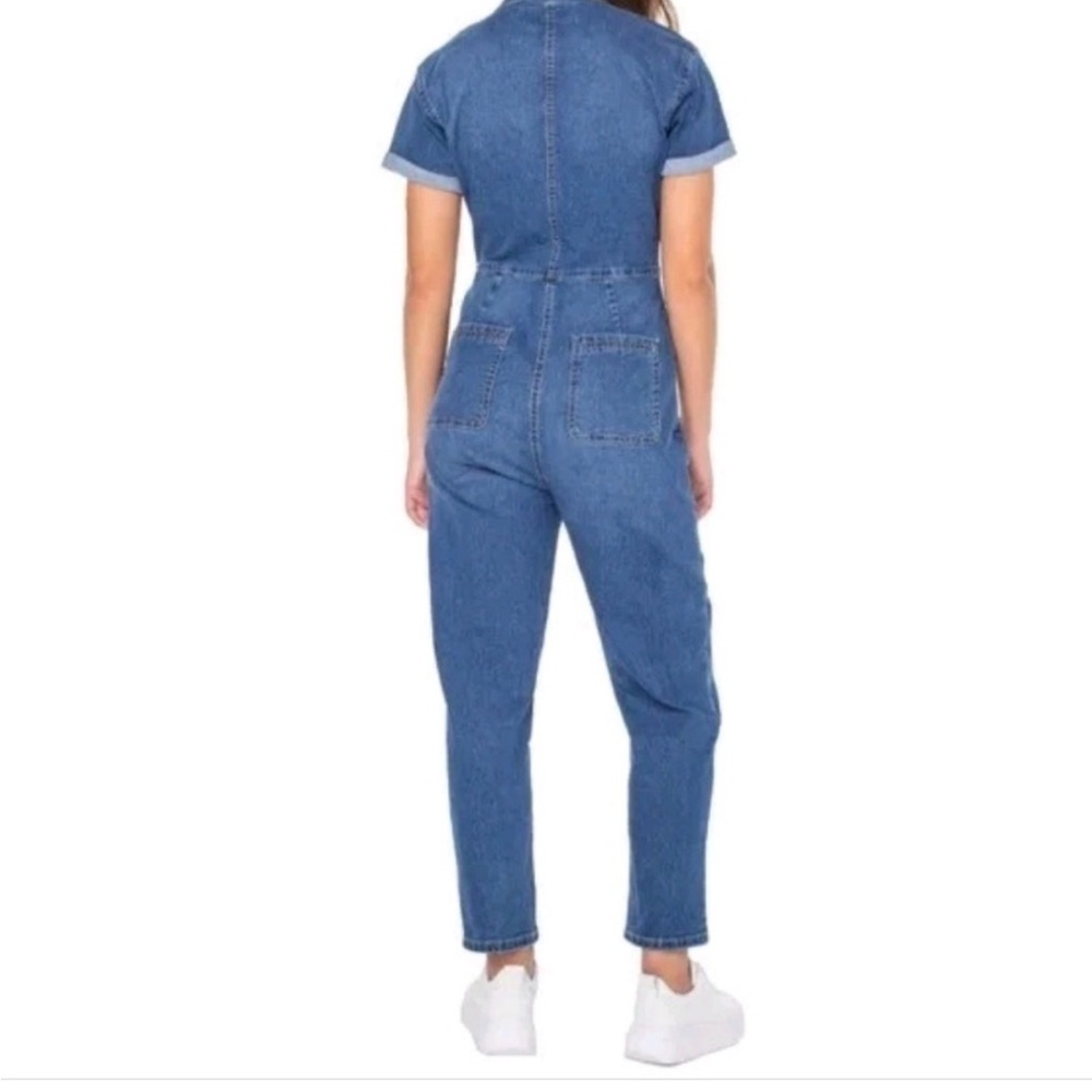 👖 Celebrity Pink Denim Jumpsuit – Straight Leg, Short Sleeve | Size L - Picture 6 of 6